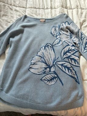 Chico's Light Blue Knit Sweater with Navy Floral Motif